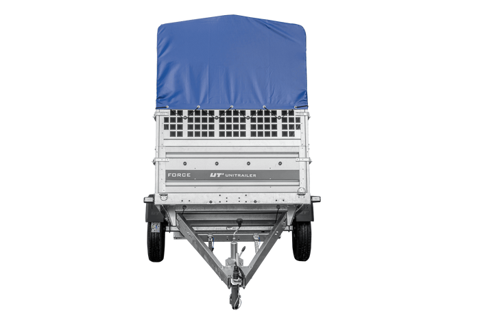 Autotransportanhänger 264×125 UNITRAILER FORCE 264 KIPP mit Gitterwänden, H-800 Rahmen und blauer Plane-Neu