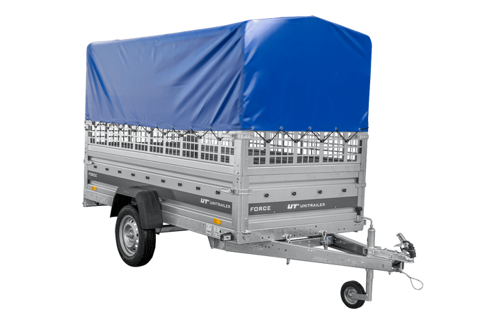 Autotransportanhänger 264×125 UNITRAILER FORCE 264 KIPP mit Gitterwänden, H-800 Rahmen und blauer Plane-Neu