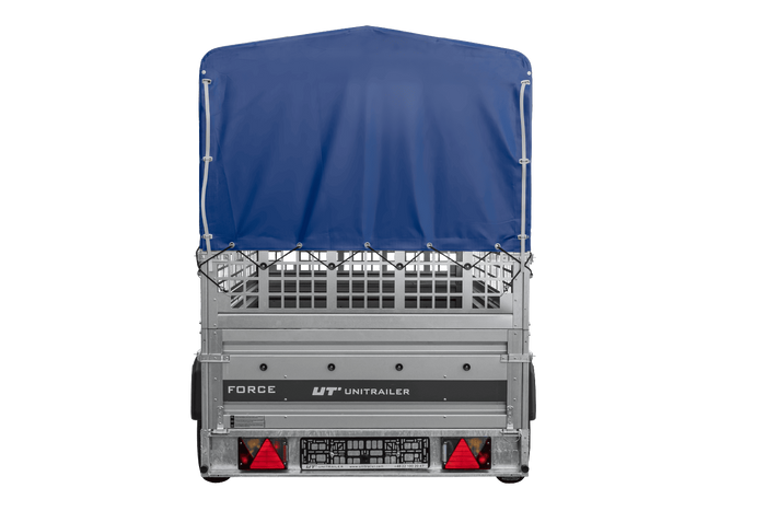 Autotransportanhänger 264×125 UNITRAILER FORCE 264 KIPP mit Gitterwänden, H-800 Rahmen und blauer Plane-Neu