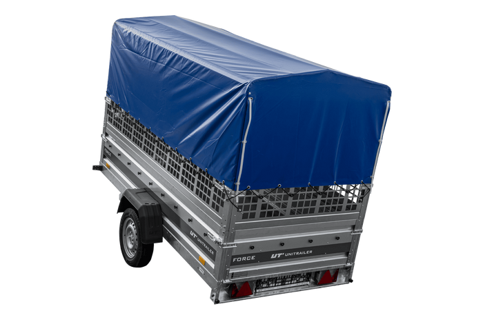 Autotransportanhänger 264×125 UNITRAILER FORCE 264 KIPP mit Gitterwänden, H-800 Rahmen und blauer Plane-Neu