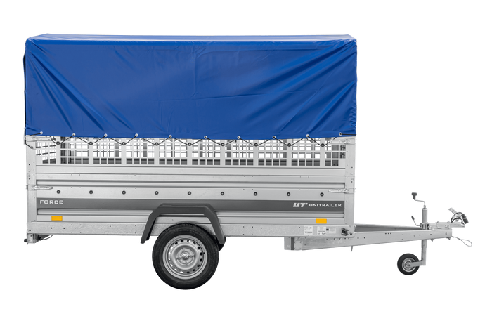 Autotransportanhänger 264×125 UNITRAILER FORCE 264 KIPP mit Gitterwänden, H-800 Rahmen und blauer Plane-Neu