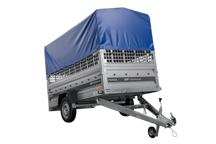 Autotransportanhänger 264×125 UNITRAILER FORCE 264 KIPP mit Gitterwänden, H-800 Rahmen und blauer Plane-Neu