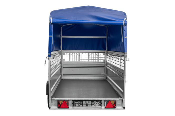 Autotransportanhänger 264×125 UNITRAILER FORCE 264 KIPP mit Gitterwänden, H-800 Rahmen und blauer Plane-Neu