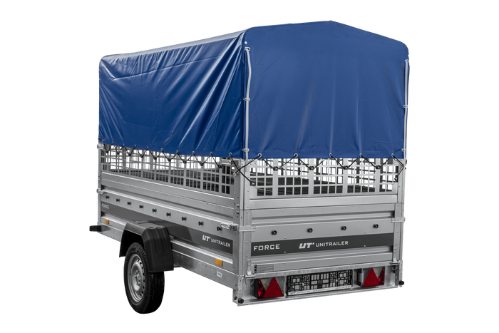 Autotransportanhänger 264×125 UNITRAILER FORCE 264 KIPP mit Gitterwänden, H-800 Rahmen und blauer Plane-Neu