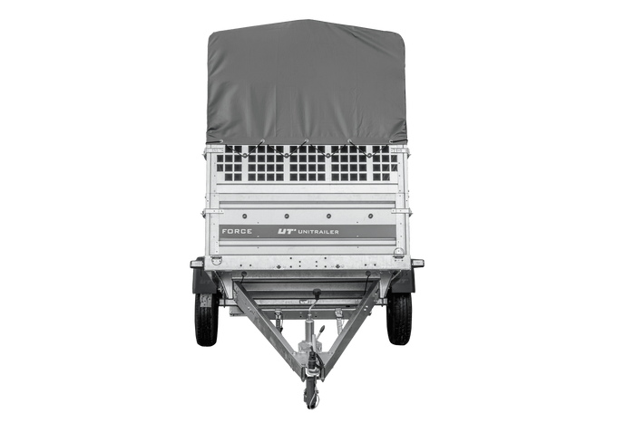 Autotransportanhänger 264×125 UNITRAILER FORCE 264 KIPP mit Gitterwänden, H-800 Rahmen und grauer Plane-Neu