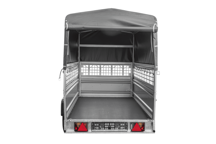 Autotransportanhänger 264×125 UNITRAILER FORCE 264 KIPP mit Gitterwänden, H-800 Rahmen und grauer Plane-Neu