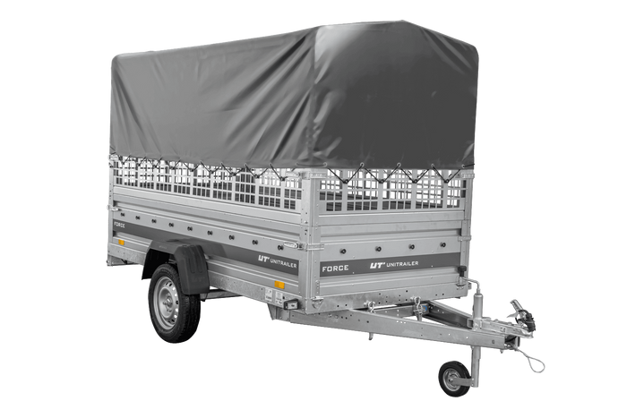 Autotransportanhänger 264×125 UNITRAILER FORCE 264 KIPP mit Gitterwänden, H-800 Rahmen und grauer Plane-Neu