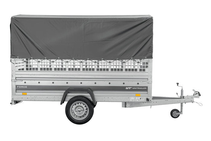 Autotransportanhänger 264×125 UNITRAILER FORCE 264 KIPP mit Gitterwänden, H-800 Rahmen und grauer Plane-Neu