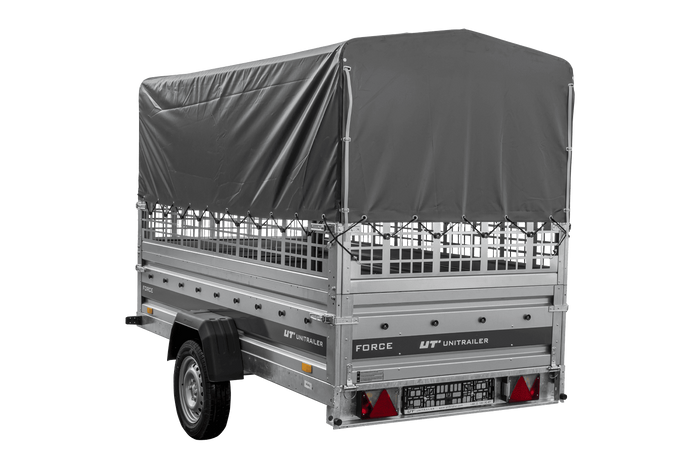 Autotransportanhänger 264×125 UNITRAILER FORCE 264 KIPP mit Gitterwänden, H-800 Rahmen und grauer Plane-Neu