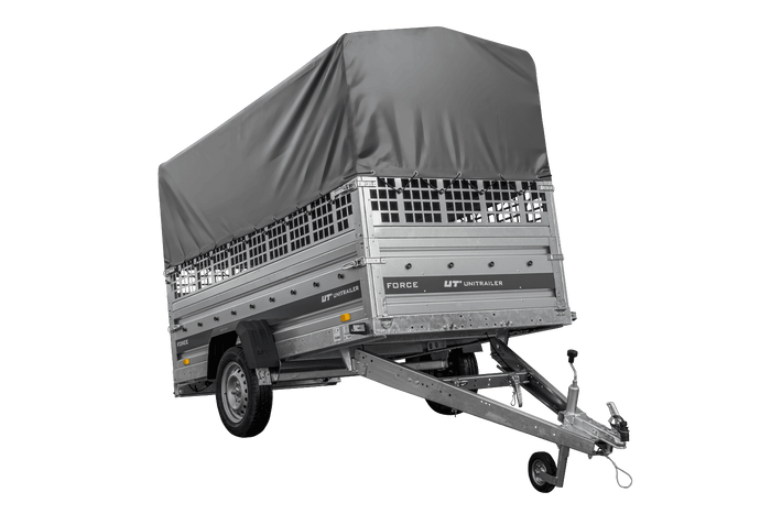 Autotransportanhänger 264×125 UNITRAILER FORCE 264 KIPP mit Gitterwänden, H-800 Rahmen und grauer Plane-Neu