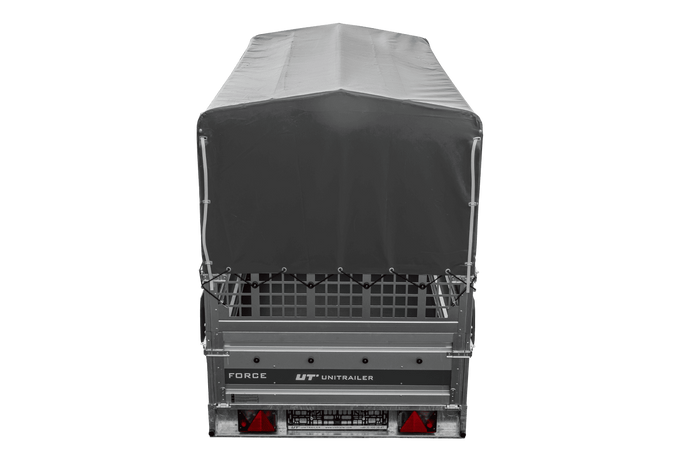 Autotransportanhänger 264×125 UNITRAILER FORCE 264 KIPP mit Gitterwänden, H-800 Rahmen und grauer Plane-Neu