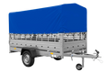 Autotransportanhänger auf Blattfedern 264×125 UNITRAILER GARDEN 264/R KIPP mit Gitterwänden, H-800 Rahmen und blauer Plane-Neu