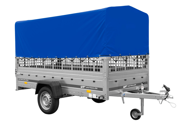 Autotransportanhänger auf Blattfedern 264×125 UNITRAILER GARDEN 264/R KIPP mit Gitterwänden, H-800 Rahmen und blauer Plane-Neu