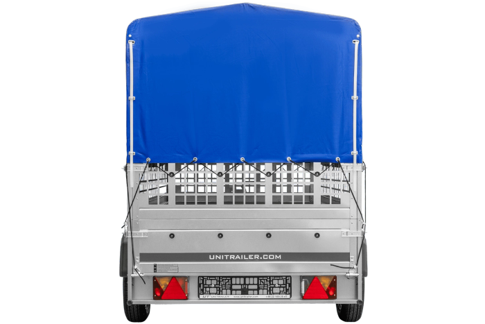 Autotransportanhänger auf Blattfedern 264×125 UNITRAILER GARDEN 264/R KIPP mit Gitterwänden, H-800 Rahmen und blauer Plane-Neu
