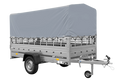Autotransportanhänger auf Blattfedern 264×125 UNITRAILER GARDEN 264/R KIPP mit Gitterwänden, H-800 Rahmen und grauer Plane-Neu