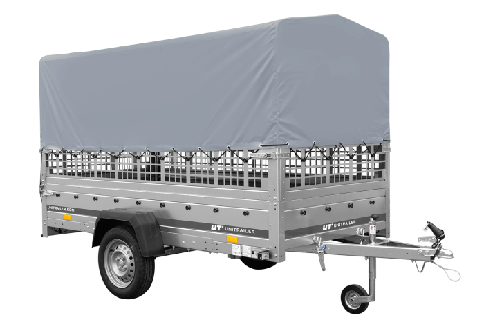 Autotransportanhänger auf Blattfedern 264×125 UNITRAILER GARDEN 264/R KIPP mit Gitterwänden, H-800 Rahmen und grauer Plane-Neu