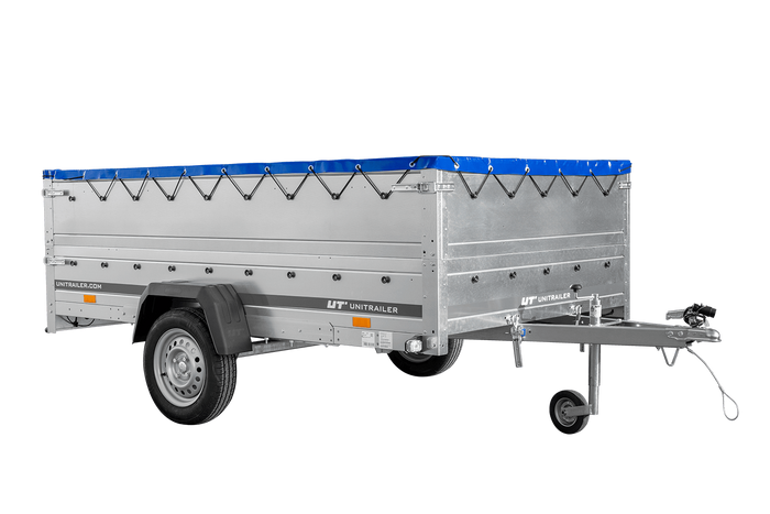 Autotransportanhänger auf Blattfedern 264×150 UNITRAILER GARDEN 265/R KIPP mit BIS-Seitenwänden, H-0-Rahmen und blauer Plane-Neu