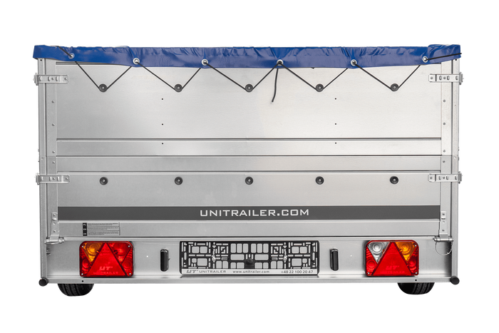 Autotransportanhänger auf Blattfedern 264×150 UNITRAILER GARDEN 265/R KIPP mit BIS-Seitenwänden, H-0-Rahmen und blauer Plane-Neu