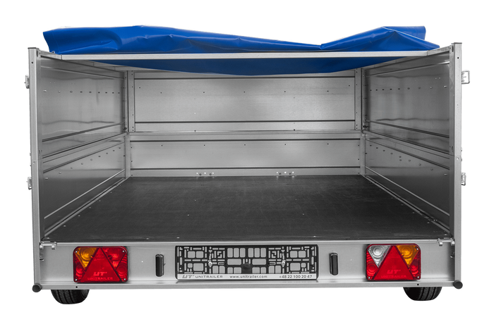 Autotransportanhänger auf Blattfedern 264×150 UNITRAILER GARDEN 265/R KIPP mit BIS-Seitenwänden, H-0-Rahmen und blauer Plane-Neu