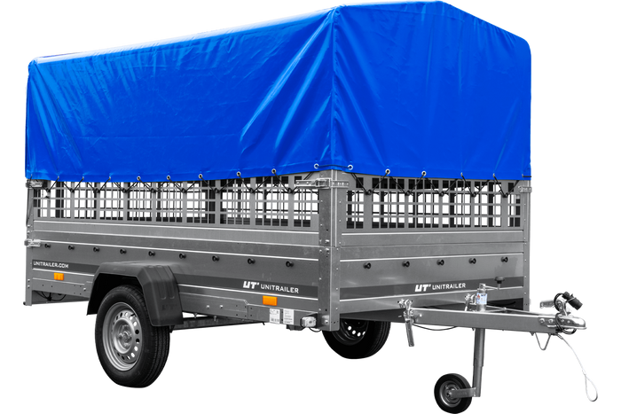 Autotransportanhänger auf Blattfedern 264×150 UNITRAILER GARDEN 265/R KIPP mit Gitterwänden, H-800 Rahmen und blauer Plane-Neu
