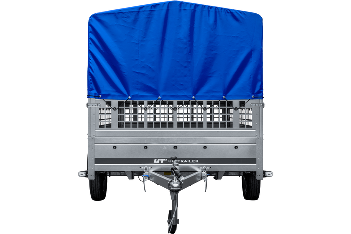 Autotransportanhänger auf Blattfedern 264×150 UNITRAILER GARDEN 265/R KIPP mit Gitterwänden, H-800 Rahmen und blauer Plane-Neu