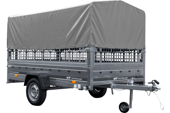 Autotransportanhänger auf Blattfedern 264×150 UNITRAILER GARDEN 265/R KIPP mit Gitterwänden, H-800 Rahmen und grauer Plane-Neu