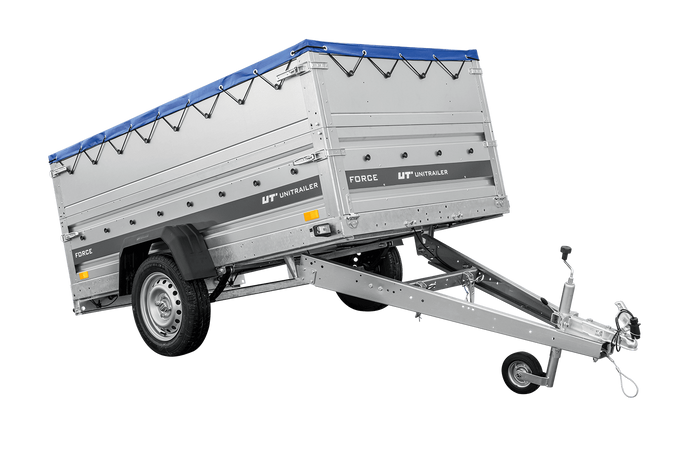 Autotransportanhänger auf Federn 230×125 UNITRAILER FORCE 230/R KIPP mit BIS-Seitenwänden, H-0-Rahmen und blauer Plane-Neu