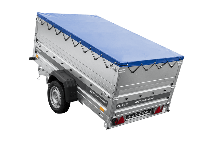 Autotransportanhänger auf Federn 230×125 UNITRAILER FORCE 230/R KIPP mit BIS-Seitenwänden, H-0-Rahmen und blauer Plane-Neu