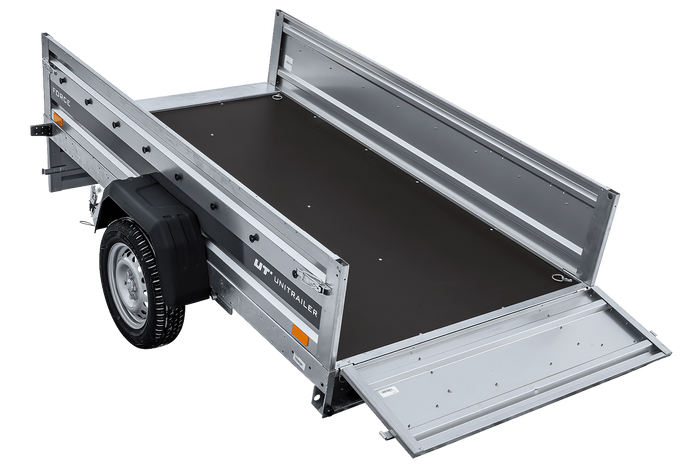 Autotransportanhänger auf Federn 230×125 UNITRAILER FORCE 230/R KIPP mit BIS-Seitenwänden, H-0-Rahmen und blauer Plane-Neu