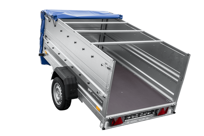 Autotransportanhänger auf Federn 230×125 UNITRAILER FORCE 230/R KIPP mit BIS-Seitenwänden, H-0-Rahmen und blauer Plane-Neu