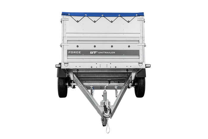 Autotransportanhänger auf Federn 230×125 UNITRAILER FORCE 230/R KIPP mit BIS-Seitenwänden, H-0-Rahmen und blauer Plane-Neu