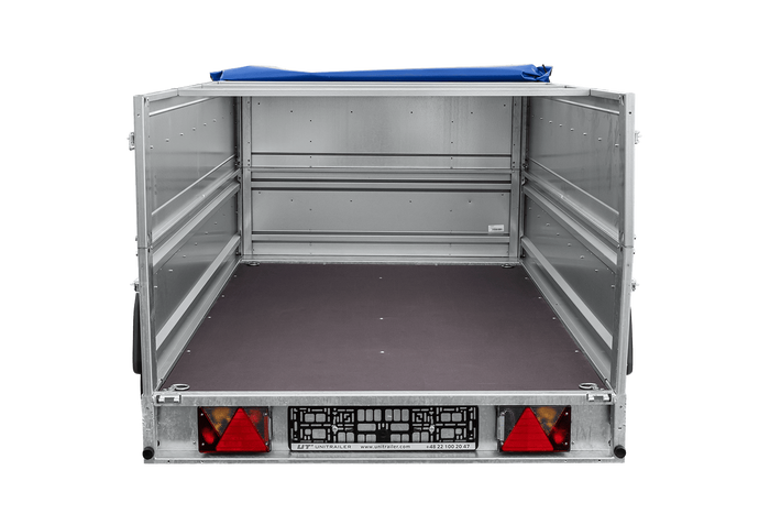 Autotransportanhänger auf Federn 230×125 UNITRAILER FORCE 230/R KIPP mit BIS-Seitenwänden, H-0-Rahmen und blauer Plane-Neu