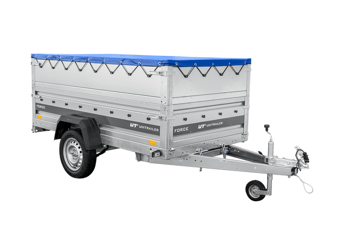 Autotransportanhänger auf Federn 230×125 UNITRAILER FORCE 230/R KIPP mit BIS-Seitenwänden, H-0-Rahmen und blauer Plane-Neu