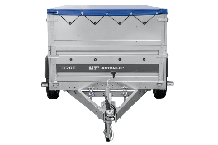 Autotransportanhänger auf Federn 230×125 UNITRAILER FORCE 230/R KIPP mit BIS-Seitenwänden, H-0-Rahmen und blauer Plane-Neu