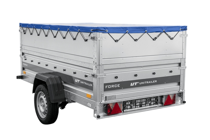 Autotransportanhänger auf Federn 230×125 UNITRAILER FORCE 230/R KIPP mit BIS-Seitenwänden, H-0-Rahmen und blauer Plane-Neu