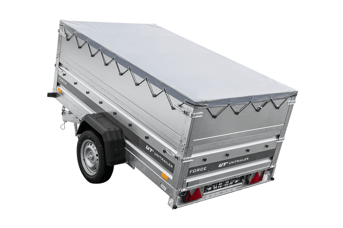Autotransportanhänger auf Federn 230×125 UNITRAILER FORCE 230/R KIPP mit BIS-Seitenwänden, H-0-Rahmen und grauer Plane-Neu