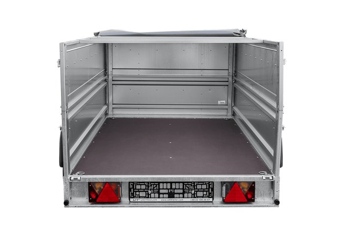 Autotransportanhänger auf Federn 230×125 UNITRAILER FORCE 230/R KIPP mit BIS-Seitenwänden, H-0-Rahmen und grauer Plane-Neu