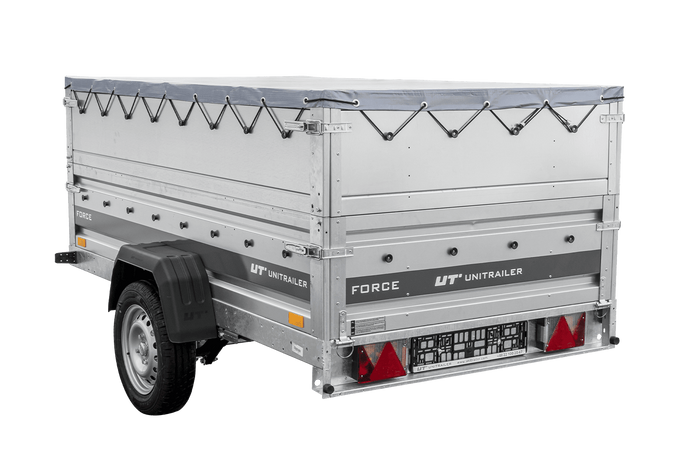 Autotransportanhänger auf Federn 230×125 UNITRAILER FORCE 230/R KIPP mit BIS-Seitenwänden, H-0-Rahmen und grauer Plane-Neu