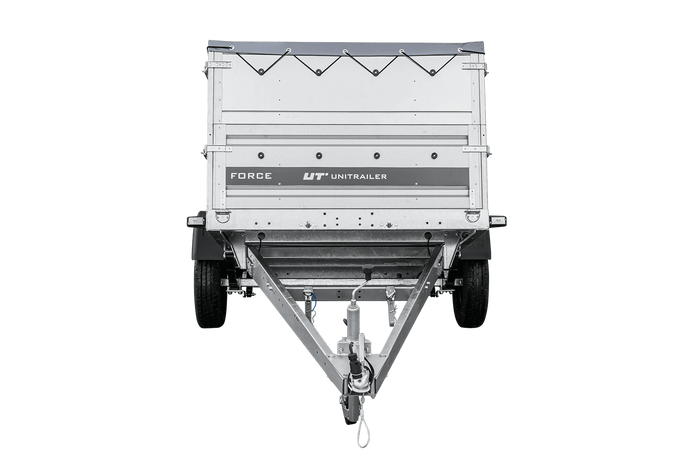 Autotransportanhänger auf Federn 230×125 UNITRAILER FORCE 230/R KIPP mit BIS-Seitenwänden, H-0-Rahmen und grauer Plane-Neu