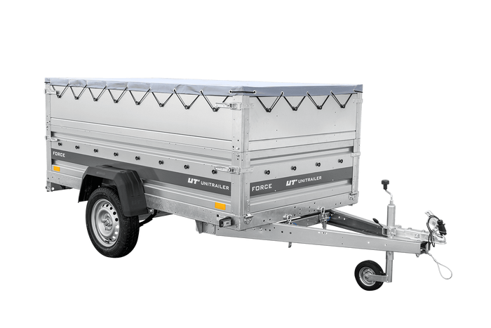 Autotransportanhänger auf Federn 230×125 UNITRAILER FORCE 230/R KIPP mit BIS-Seitenwänden, H-0-Rahmen und grauer Plane-Neu