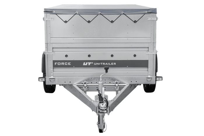 Autotransportanhänger auf Federn 230×125 UNITRAILER FORCE 230/R KIPP mit BIS-Seitenwänden, H-0-Rahmen und grauer Plane-Neu