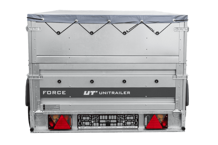 Autotransportanhänger auf Federn 230×125 UNITRAILER FORCE 230/R KIPP mit BIS-Seitenwänden, H-0-Rahmen und grauer Plane-Neu
