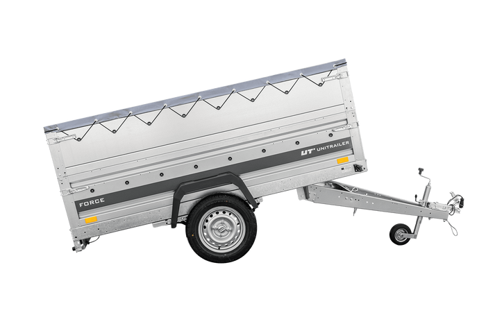 Autotransportanhänger auf Federn 230×125 UNITRAILER FORCE 230/R KIPP mit BIS-Seitenwänden, H-0-Rahmen und grauer Plane-Neu