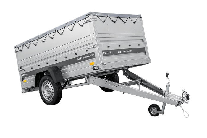 Autotransportanhänger auf Federn 230×125 UNITRAILER FORCE 230/R KIPP mit BIS-Seitenwänden, H-0-Rahmen und grauer Plane-Neu