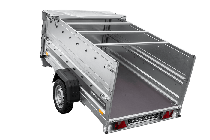Autotransportanhänger auf Federn 230×125 UNITRAILER FORCE 230/R KIPP mit BIS-Seitenwänden, H-0-Rahmen und grauer Plane-Neu