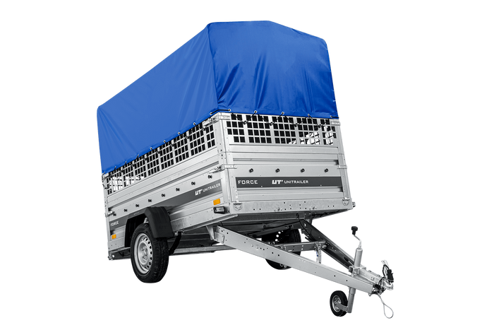 Autotransportanhänger auf Federn 230×125 UNITRAILER FORCE 230/R KIPP mit Gitterwänden, H-800 Rahmen und blauer Plane-Neu