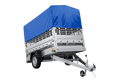 Autotransportanhänger auf Federn 230×125 UNITRAILER FORCE 230/R KIPP mit Gitterwänden, H-800 Rahmen und blauer Plane-Neu