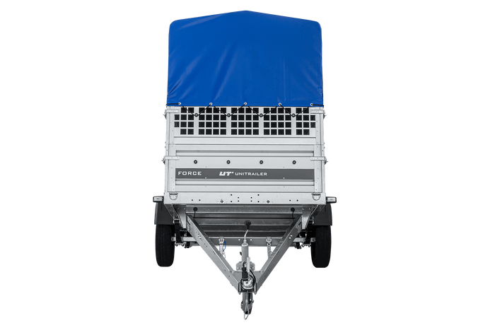 Autotransportanhänger auf Federn 230×125 UNITRAILER FORCE 230/R KIPP mit Gitterwänden, H-800 Rahmen und blauer Plane-Neu