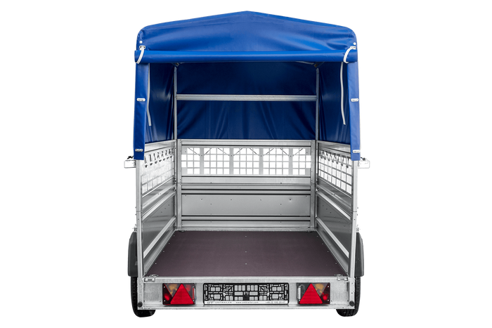 Autotransportanhänger auf Federn 230×125 UNITRAILER FORCE 230/R KIPP mit Gitterwänden, H-800 Rahmen und blauer Plane-Neu