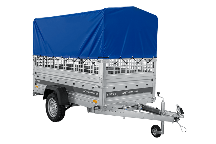 Autotransportanhänger auf Federn 230×125 UNITRAILER FORCE 230/R KIPP mit Gitterwänden, H-800 Rahmen und blauer Plane-Neu